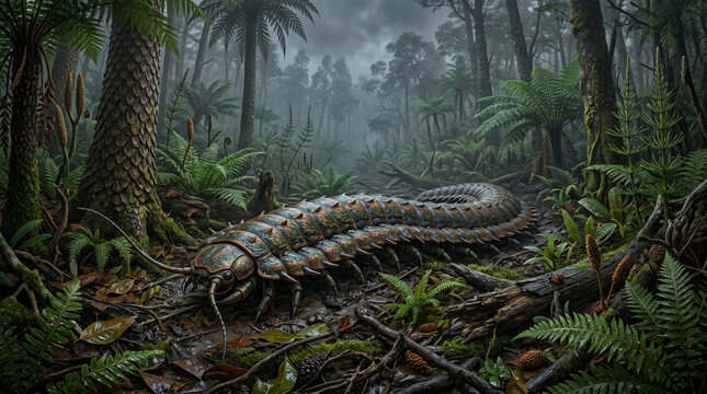A prehistoric millipede like creature with segmented armor plating and numerous legs crawls slowly across a damp forest floor surrounded by ancient fern trees and lush foliage under an overcast sky