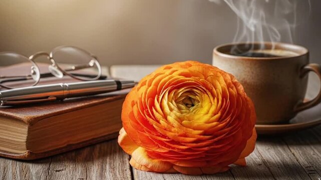 Orange ranunculus flower beside a steaming coffee cup and books on a wooden table, creating a warm, cozy reading atmosphere with elegant floral charm