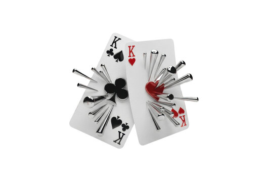 Two curved playing cards (king of clubs, king of hearts) with massive reflective chrome 3d pips and flying metallic suit fragments against a stark white background. Abstract dynamic concept of chance