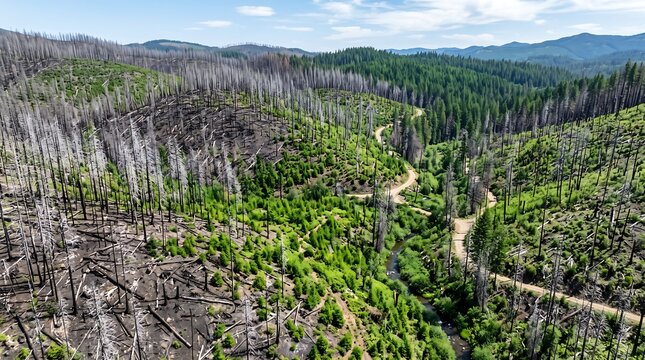 Aerial view of a winding forest road amidst dense greenery and dead trees.