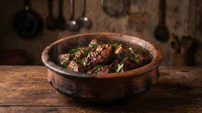Traditional Sri Lankan fish ambul thiyal curry in clay pot copy space