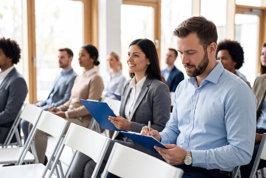 Audience listening to presentation at corporate business seminar, professional conference