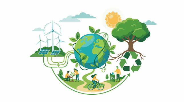 Earth surrounded by green vines with renewable energy and people caring for nature