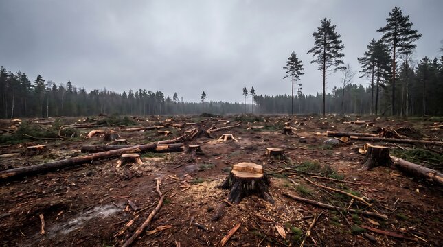 Landscape view of cleared deforested land with tree stumps and timber