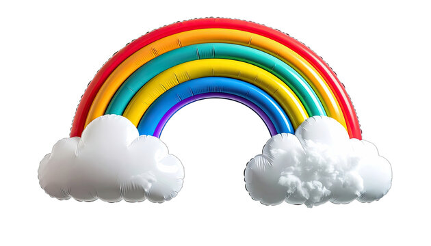 A vibrant rainbow arc with fluffy clouds rests against a stark black background.
