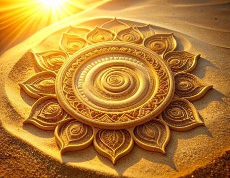 Sunlit sand mandala spiral flower in desert dunes