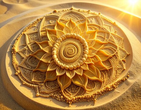 Golden sunflower mandala sculpted in desert sand at sunset