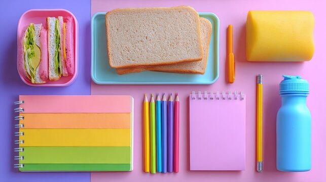 Colorful back to school essentials with stationery supplies, sandwich and reusable water bottle arranged on desk, top view of student lunch and school supplies for new academic year, education and dai