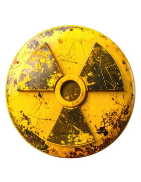 A close-up of a weathered and scratched radioactive symbol on a black background.