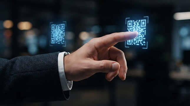 Hand pointing at Q R code with blurred office background finger qr code blue glowing