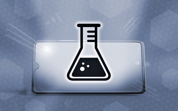Smartphone 3D moderno con un icono de matraz de laboratorio sobre una pantalla brillante y un fondo digital hexagonal. Representaci&oacute;n conceptual de tecnolog&iacute;a, ciencia y educaci&oacute;n digital.