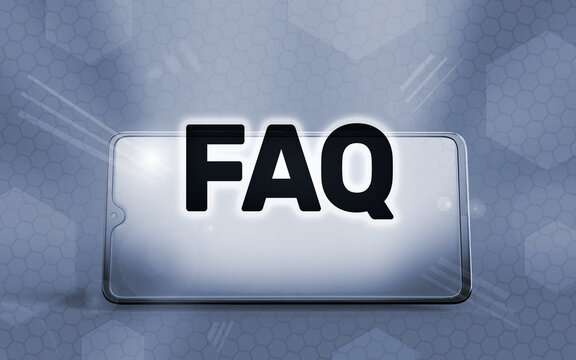 Representaci&oacute;n 3D de un tel&eacute;fono inteligente moderno mostrando el texto FAQ sobre una pantalla brillante, con un fondo geom&eacute;trico hexagonal azul, ideal para servicios t&eacute;cnicos y asistencia.