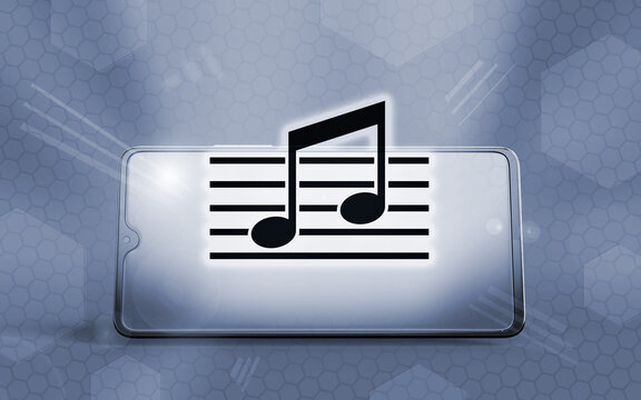 Smartphone 3D moderno con nota musical sobre pentagrama en la pantalla brillante. Representaci&oacute;n conceptual del consumo de m&uacute;sica digital, streaming de audio y tecnolog&iacute;a m&oacute;vil avanzada.