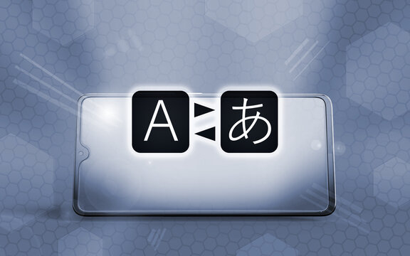 Representaci&oacute;n 3D de un tel&eacute;fono inteligente moderno con iconos de traducci&oacute;n de idiomas flotando sobre la pantalla, simbolizando la comunicaci&oacute;n global, la tecnolog&iacute;a m&oacute;vil y digital.
