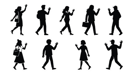 Fototapeta premium Set of black vector silhouettes featuring diverse people waving hands while walking in various styles