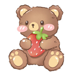 Fototapeta premium Kawaii Pastel Teddy Bear with Strawberry illustration