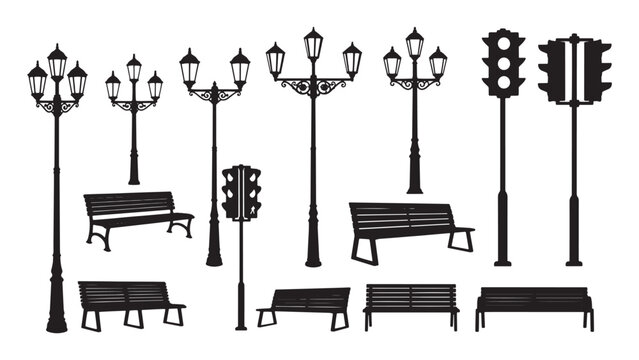 Set of vintage street lamps, benches and traffic lights silhouettes