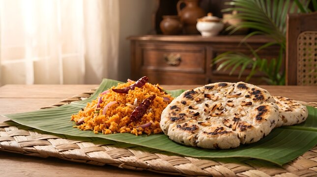 Authentic Sri Lankan pol sambol and coconut roti on banana leaf