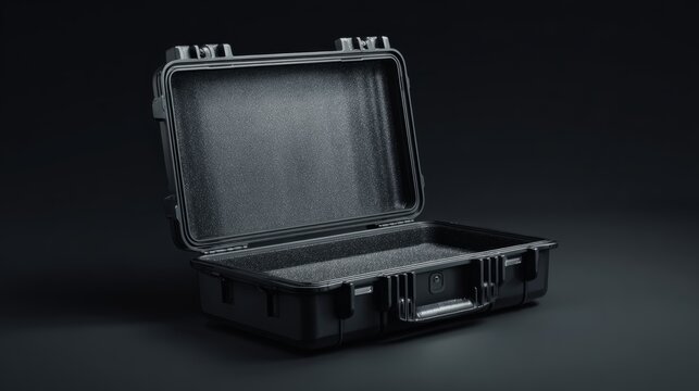Black plastic storage case with durable hinged lid, compact protective container for organizing tools, accessories, equipment, electronics, craft supplies, and everyday essentials, isolated on a clean