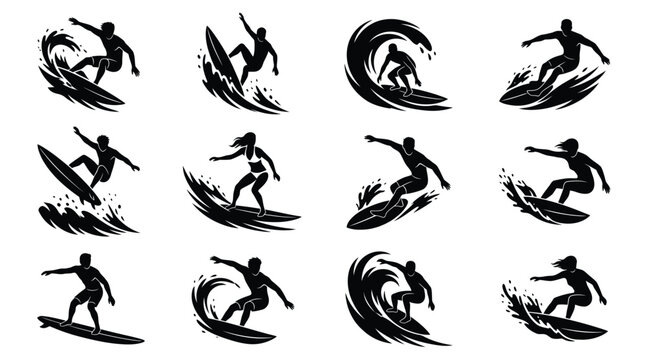 Black vector graphic set featuring silhouettes of people surfing on large waves for creative designs