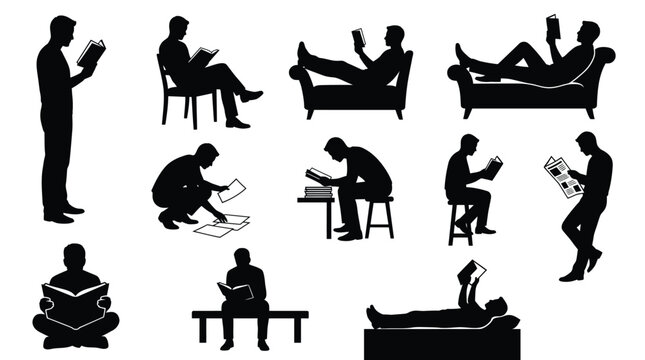 Detailed vector illustration set featuring various silhouettes of men reading books in different sitting positions