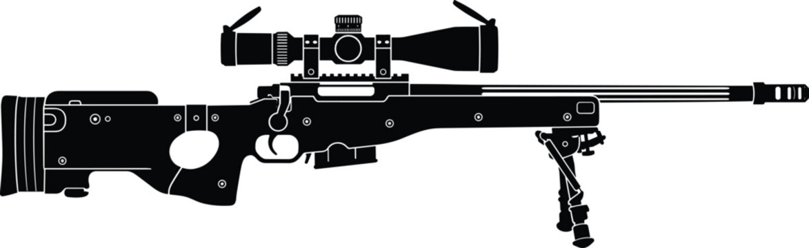 Black silhouette of a sniper rifle with a scope and bipod isolated on a white... firearm d