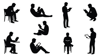 Obraz premium Professional vector illustration set showing many different silhouettes of men reading books in various poses
