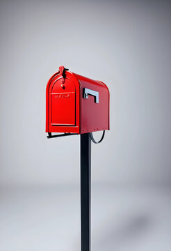 Red mailbox on black post with plain background
