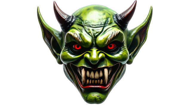 A grotesque green goblin mask with glowing red eyes and sharp fangs.
