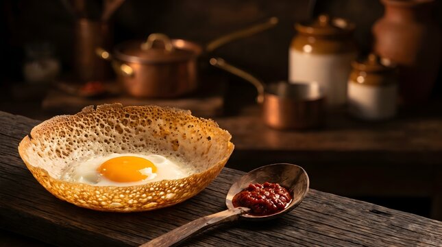 Crispy Sri Lankan egg hopper appa with lunu miris copy space