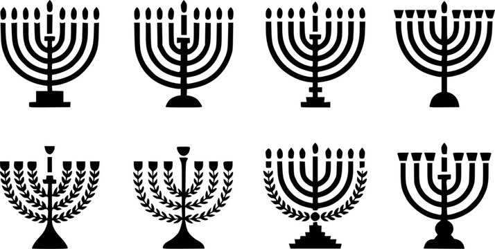 Collection of traditional Jewish Hanukkah menorah vector icon set featuring ornamental candelabrum silhouettes with nine candles for festival of lights isolated on white background.