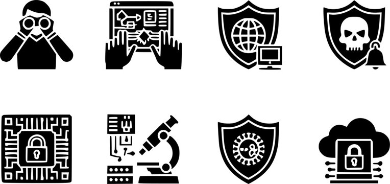 Cyber security and data protection vector icon set featuring network shield virus protection microchip padlock online spying and research lab silhouettes isolated on white background.