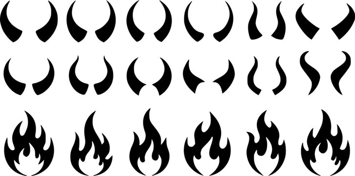 Collection of devil horns and fire flames vector silhouette icon set featuring evil demon horn shapes and bonfire campfire elements isolated on white background.