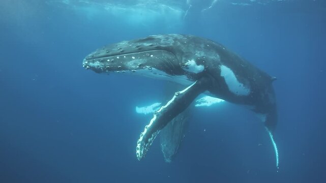 A magnificent humpback whale moves through the tranquil, azure waters of the Pacific Ocean in slow motion. Its graceful fins and gentle movements highlight the beauty of marine life.