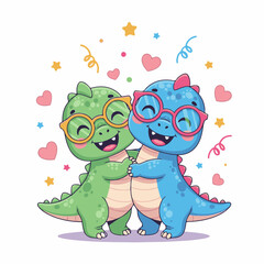 Cute Cartoon Dinosaurs Hugging with Glasses and Hearts Celebration Illustration © bima