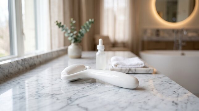 White jade roller and gua sha on marble bathroom countertop