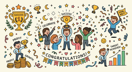 Fototapeta premium Celebration of Success: Teamwork, Trophies, and Achievement Doodle Art