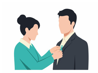 Obraz premium Woman Pinning Teal Awareness Ribbon on a Man's Suit Lapel for Health Support and Solidarity Concept