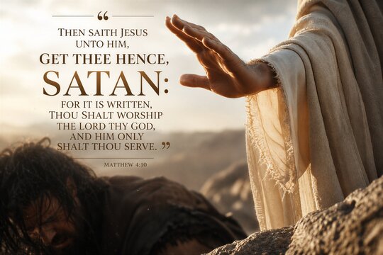 Jesus Rebukes Satan: A Divine Proclamation of Worship to God and Lord, Emphasizing Faith and Obedience from Matthew 4:10 Scripture.
