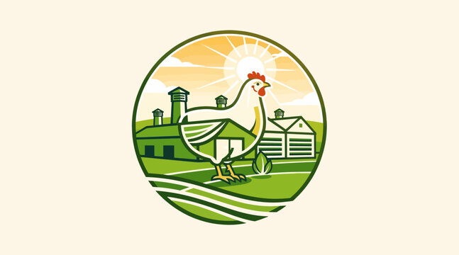 Farm scene with chicken and barn illustration.