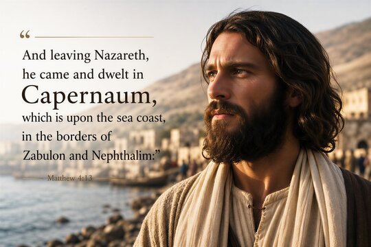 Jesus Dwells in Capernaum: A Sacred Relocation from Nazareth to the Sea Coast of Zabulon and Nephthalim, Fulfilling Matthew 4:13 Scripture.