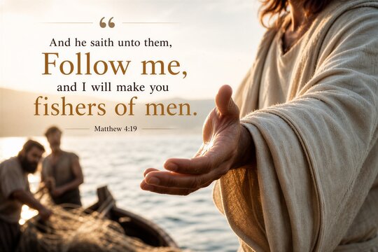 Matthew 4:19 Scripture Poster: Jesus Invites Disciples to Follow, Transforming Them into Fishers of Men.