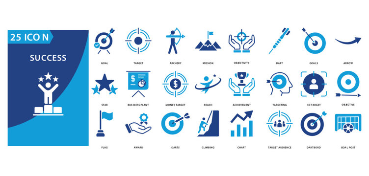 success icon set of goal, target, archery, mission, objectivity, dart, goals, arrow, star, business plant, money target, reach, achievement, targeting, 3d target, success, objective, flag, award