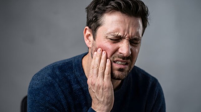 Distressed man suffering from intense toothache or jaw pain, clutching his cheek with a pained expression, indicating a dental emergency or oral discomfort