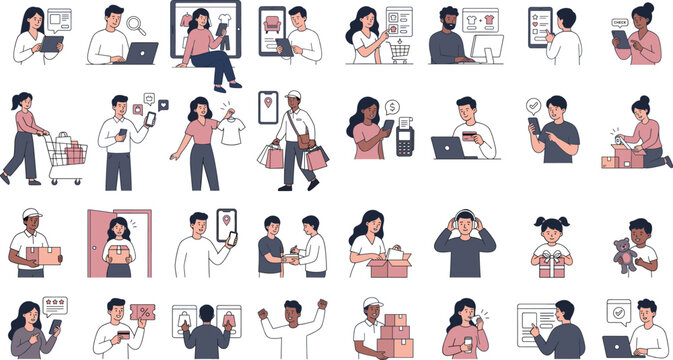 Set of people shopping online and using digital devices for ecommerce