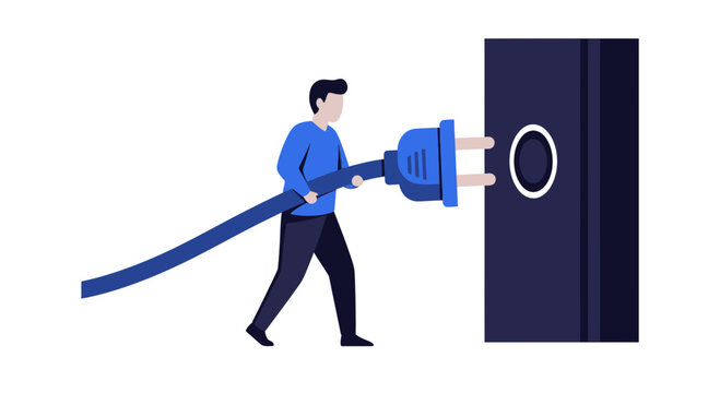 Man plugging large blue plug into wall socket.