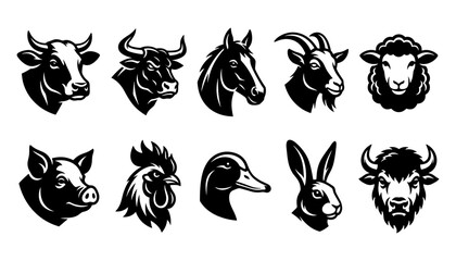 Animal Head Icons Set with Black Line Art Silhouettes of Bull, Wolf, Horse, and Rabbit Faces on White © Afjal12