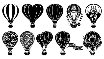 Balloons Set with Black and White Hot Air Balloon Icons Featuring Patterns, Basket Details, and Travel Themes © Afjal12