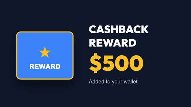 Cashback reward notification, blue square with yellow star and border, digital screen on dark background, symbolizing financial incentive and customer loyalty, representing money and savings.