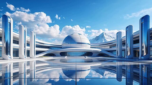 Futuristic building with dome and reflective surface